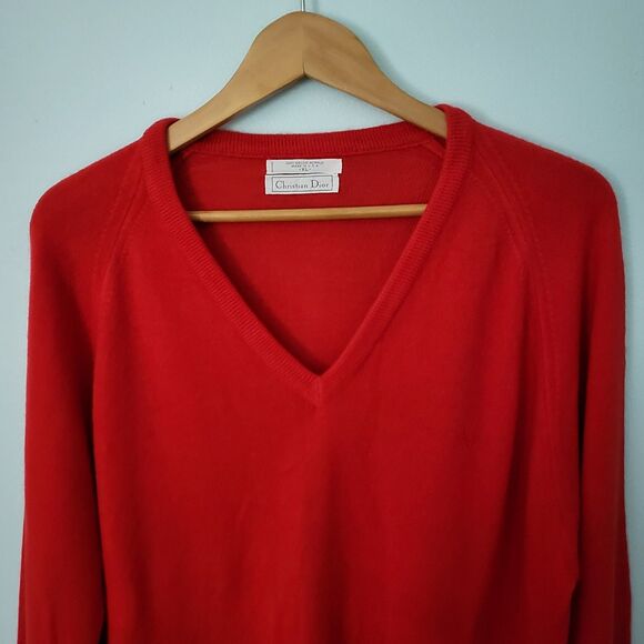 Vintage CHRISTIAN DIOR Sweater Mens XL Red V-Neck Long Sleeve Pullover Acrylic - Picture 2 of 6